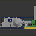 Industrial Processing Equipment With Silver Cylindrical Tower Green Yellow Components And Blue Base