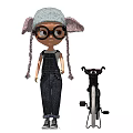 Adorable Doll With Knitted Hat Glasses And Braids Riding Vintage Bicycle