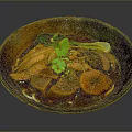 Hearty Braised Meat Stew in Ceramic Bowl with Dark Sauce Fresh Vegetables and Cilantro