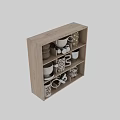 Cups With Various Designs Different Colors Patterns On Wooden Shelves And Spherical Decorations