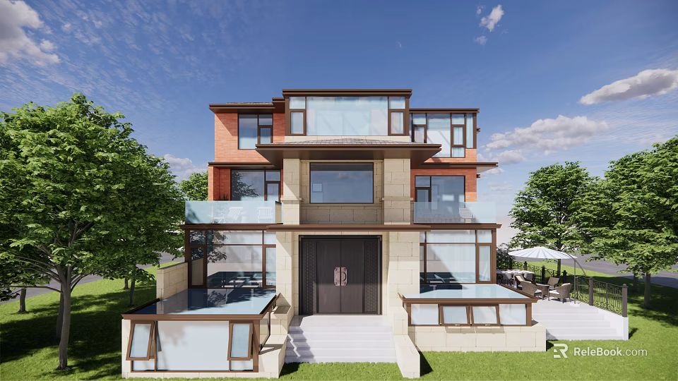 Modern Detached Villa Exterior Design With Large Glass Windows Garden Lawn And Trees 3d model 