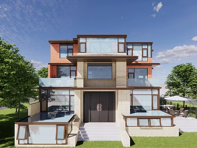 Modern Detached Villa Exterior Design With Large Glass Windows Garden Lawn And Trees 3d model