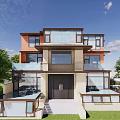 Modern Detached Villa Exterior Design With Large Glass Windows Garden Lawn And Trees