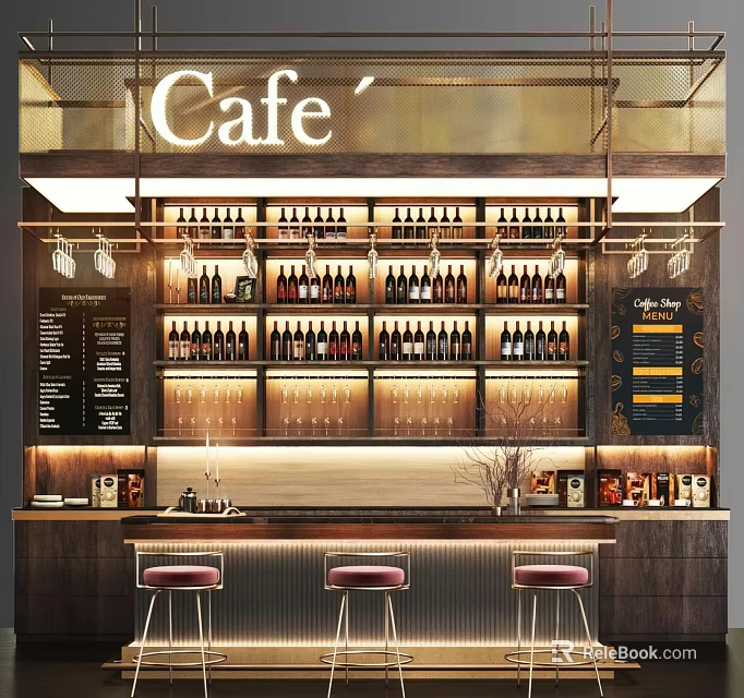 Cafe Bar Counter In Modern Interior With Wine Bottles Glasses And Stools 3d model 