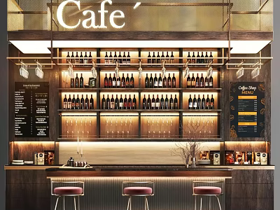 Cafe Bar Counter In Modern Interior With Wine Bottles Glasses And Stools 3d model