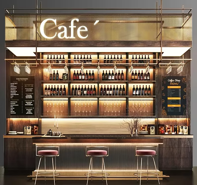Cafe Bar Counter In Modern Interior With Wine Bottles Glasses And Stools 3d model