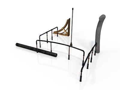 Scene Components With Black Railings Curved Frames Wooden Parts And Gray Panels 3d model