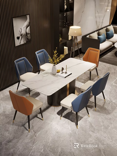 Modern Dining Table Set with Marble Top Blue Orange Upholstered Chairs Vase Decor 3d model