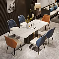 Modern Dining Table Set with Marble Top Blue Orange Upholstered Chairs Vase Decor 3d model