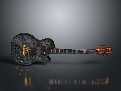 High Quality Dark Acoustic Guitar With Gold Accents And Patterned Body 3d model