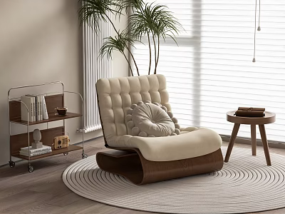 Beige Lazy Sofa with Curved Design on Round Woven Rug Near Wooden Table and Plants 3d model
