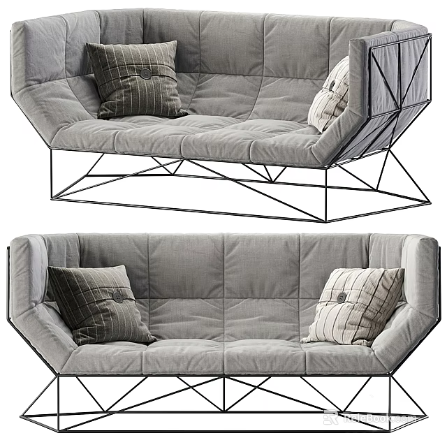 Gray Fabric Sectional Sofa With Decorative Pillows And Geometric Metal Frame 3d model