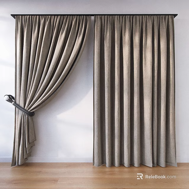 Neutral Tones Linen Fabric Curtains Draped and Tied in Modern Interior Setting 3d model 