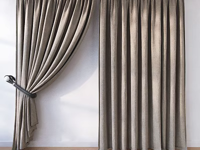 Neutral Tones Linen Fabric Curtains Draped and Tied in Modern Interior Setting 3d model