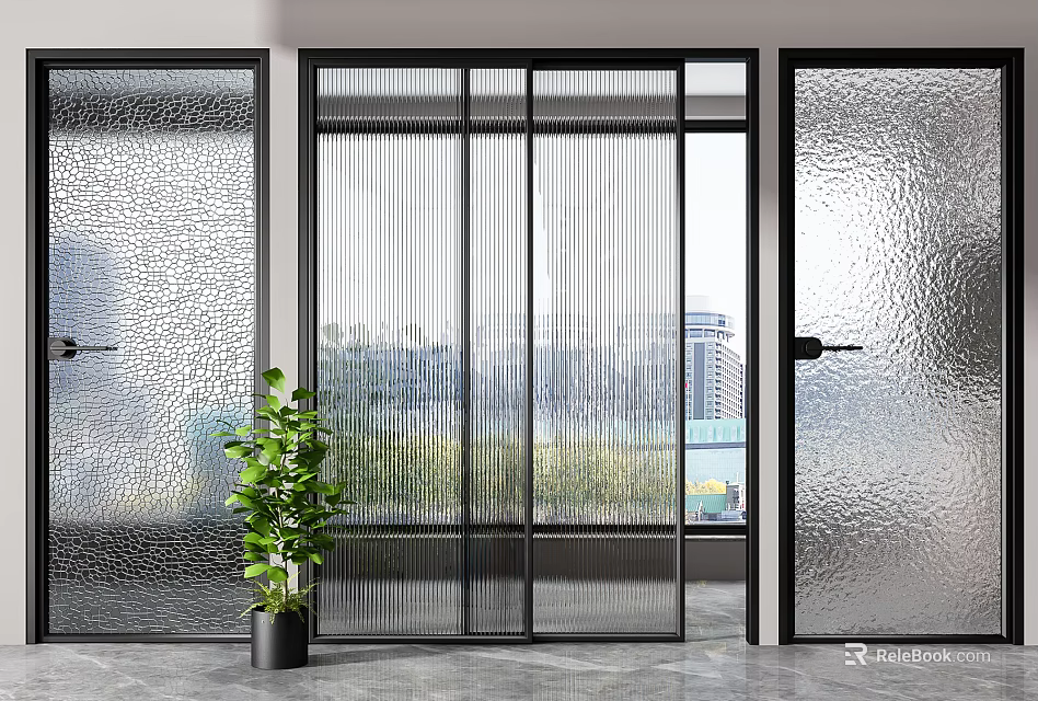 Sliding doors with black frames textured glass vertical stripes in modern interior city view 3d model 