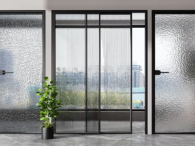 Sliding doors with black frames textured glass vertical stripes in modern interior city view 3d model