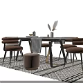 Rectangular Marble Dining Table Set With Brown And Beige Chairs Geometric Rug And Decorative Vase 3d model