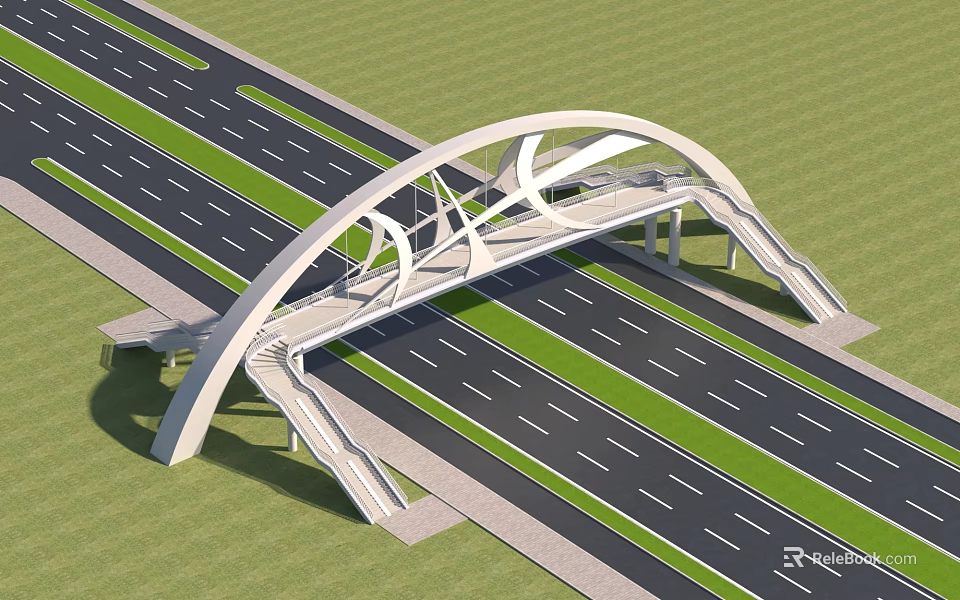 Modern Arch Bridge Design Spanning Highway With Green Grass And White Lines 3d model 
