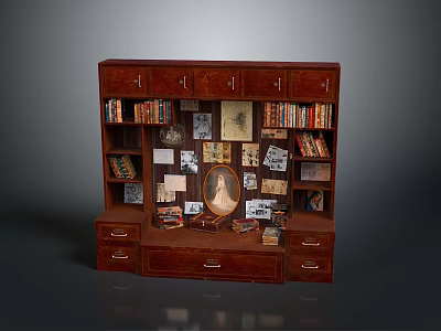 Vintage Wooden Bookcase With Multiple Compartments Filled With Books Photos And Decor 3d model