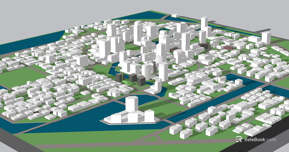Urban City Model With White Buildings Water Areas And Green Spaces 3d model 
