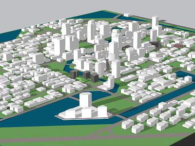 Urban City Model With White Buildings Water Areas And Green Spaces 3d model