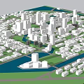 Urban City Model With White Buildings Water Areas And Green Spaces