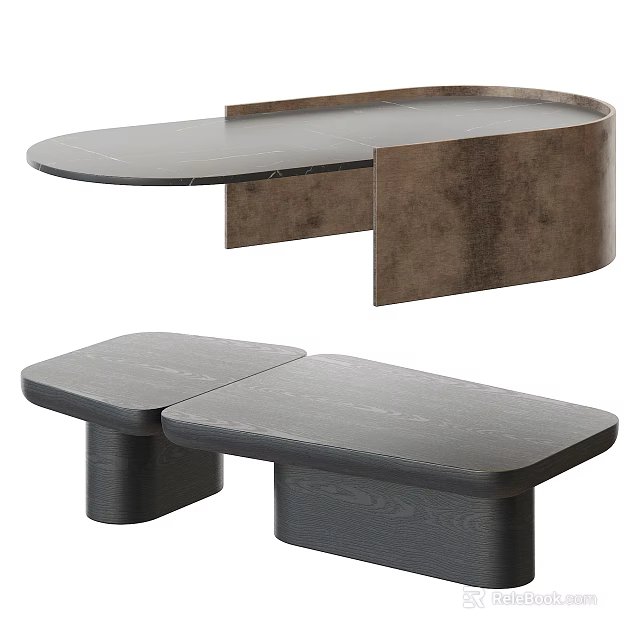 Modern Coffee Table Designs With Curved Marble Top And Split Wood Base Featuring Cylindrical Legs 3d model 