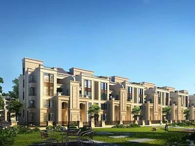Modern Townhouse Exterior With Landscaped Lawn And Trees Balconies And Large Windows Design 3d model