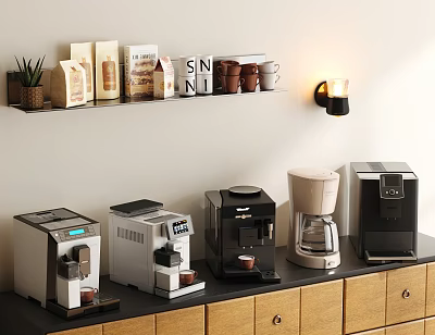 Essential Kitchen Appliances on Wooden Cabinets with Wall Shelf Coffee Packages and Mugs 3d model