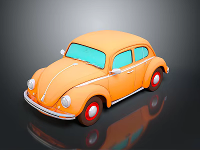 Vintage Orange Beetle Car Featuring Blue Windows And Red Wheels On Black Surface 3d model