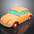 Vintage Orange Beetle Car Featuring Blue Windows And Red Wheels On Black Surface