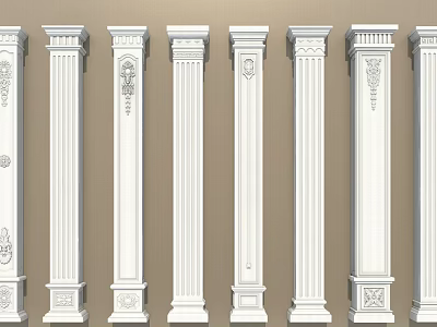 White Decorative Columns In Various Styles Featuring Classical Carved Details And Ornate Capitals 3d model