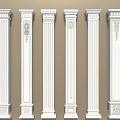 White Decorative Columns In Various Styles Featuring Classical Carved Details And Ornate Capitals