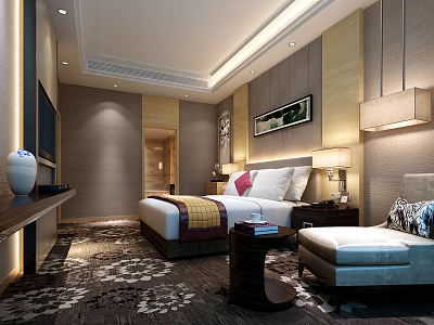 Elegant Hotel Guest Room Interior With Large Bed Decorative Painting And Patterned Carpet 3d model