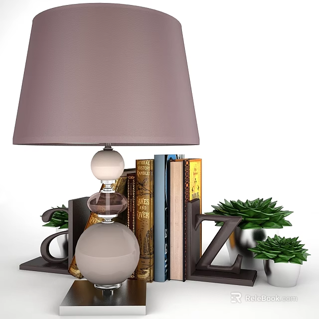 Decorative Ornament Set Featuring Table Lamp Purple Shade Stacked Books Letter Ornaments And Small Succulents 3d model 