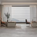 Modern Office Interior With Desks Chairs Plant Bookshelf And Large Window Blinds