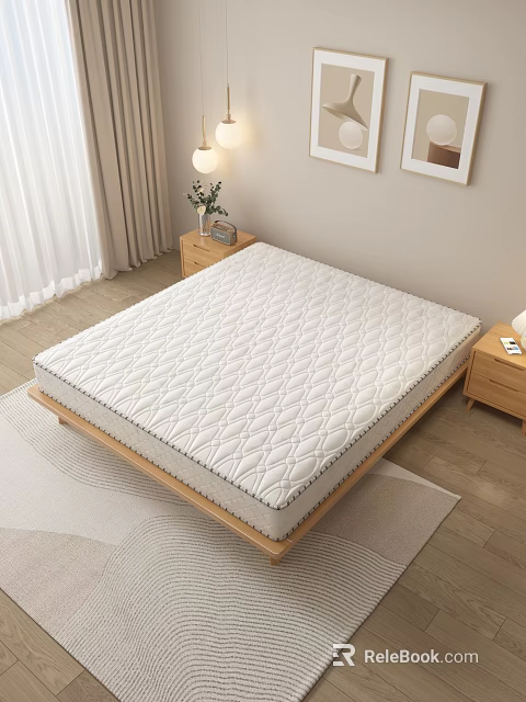 Double Bed with Quilted White Mattress and Wooden Frame Side Nightstands Curtains Wall Art 3d model 
