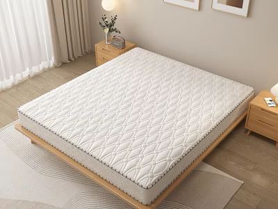 Double Bed with Quilted White Mattress and Wooden Frame Side Nightstands Curtains Wall Art 3d model