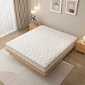 Double Bed with Quilted White Mattress and Wooden Frame Side Nightstands Curtains Wall Art