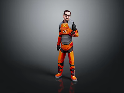 Game Character In Orange And Gray Armored Suit With Glasses Standing Pose 3d model