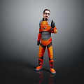 Game Character In Orange And Gray Armored Suit With Glasses Standing Pose