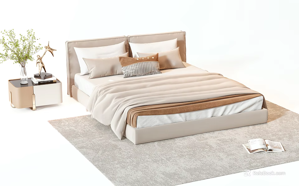 Stylish Double Bed With Beige Bedding Multiple Pillows Side Nightstand And Area Rug 3d model 
