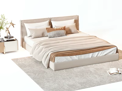 Stylish Double Bed With Beige Bedding Multiple Pillows Side Nightstand And Area Rug 3d model