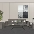 Modern Living Room With Sofa Coffee Table Set Beige Armchairs And Black White Seascape Painting