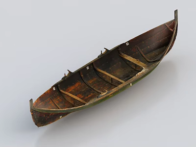 Vintage Handcrafted Wooden Boat With Brown Green Planks And Interior Structure 3d model