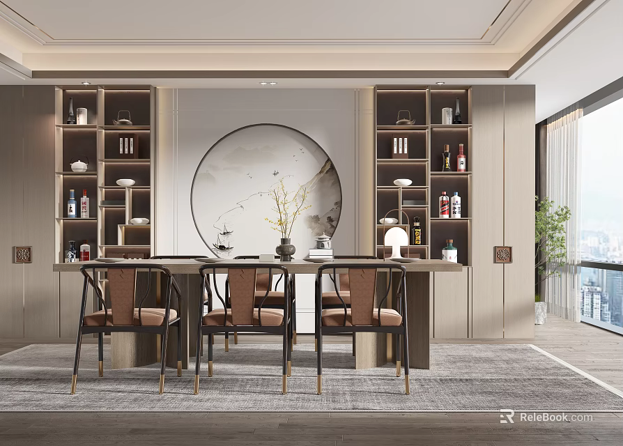 Modern Luxury Restaurant Long Table Brown Gold Leg Chairs Circular Art Glass Door Bookshelves View 3d model 