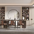 Modern Luxury Restaurant Long Table Brown Gold Leg Chairs Circular Art Glass Door Bookshelves View