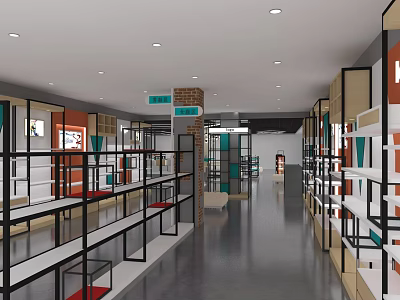 Specialty Store Interior With Modern Display Shelves Spacious Aisle And Lighting 3d model