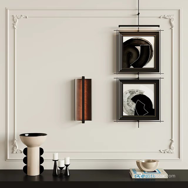 Elegant Interior Wall Decor with Framed Circular Artworks Copper Lamp and Vases 3d model