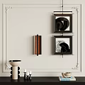 Elegant Interior Wall Decor with Framed Circular Artworks Copper Lamp and Vases 3d model